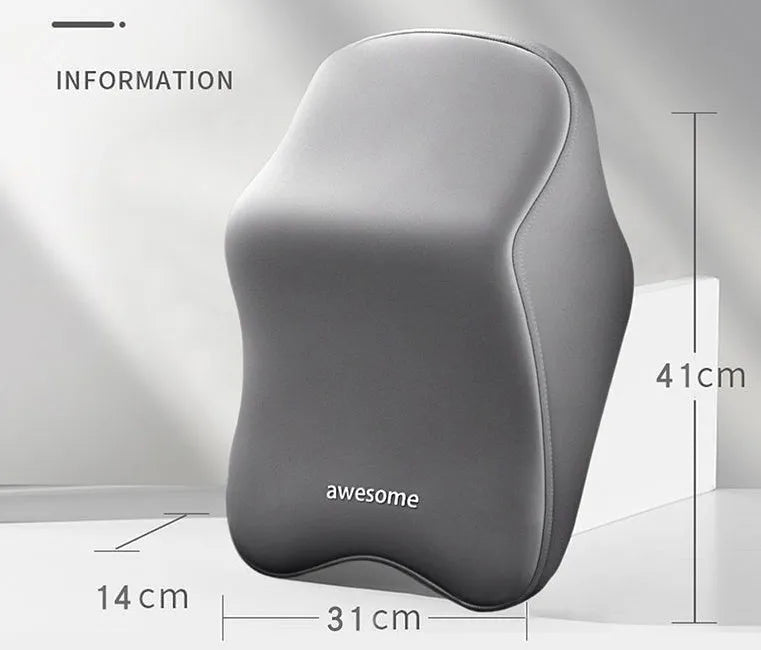 Car headrest and lumbar support pillow set in one of four colours: black, gray, blue, or pink, with memory foam filler.