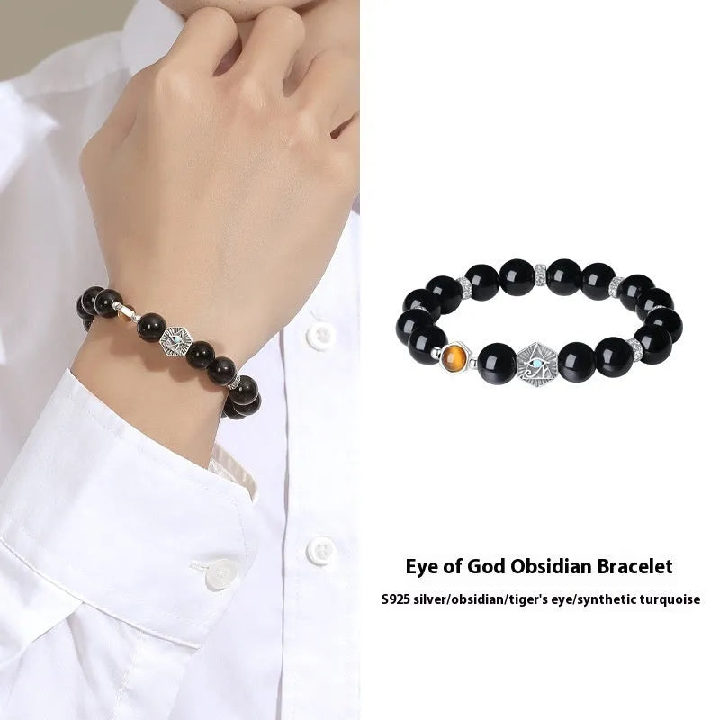 Men's sterling silver bracelet with obsidian god's eye geometric design