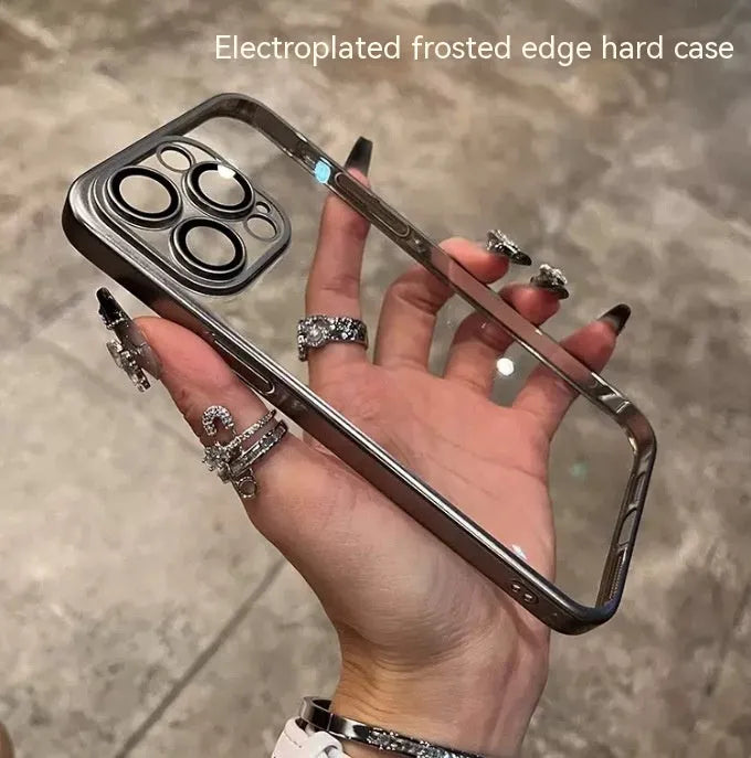 Electroplated frosted edge PC phone case in original machine gray for iPhone, showing all-inclusive back and side coverage