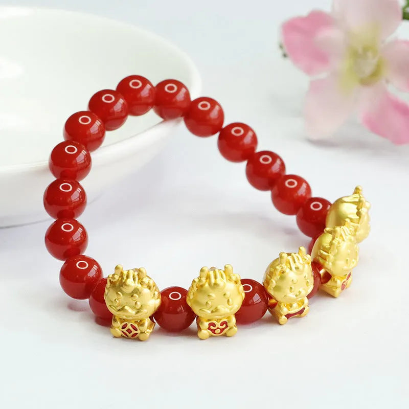 Red agate bracelet with Wufu Dragon design on 8mm beads