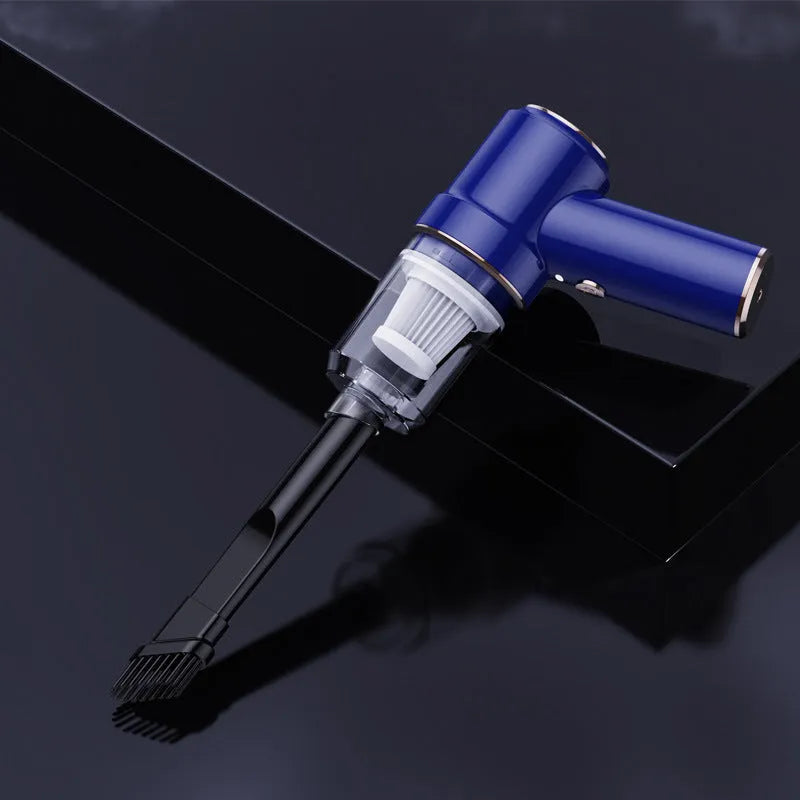 Mini rechargeable wireless vacuum cleaner 8000pa Moran Blue with brush, long straw, and USB cable on light background