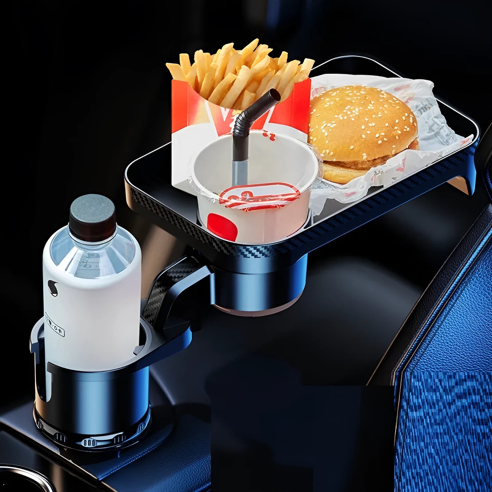 Black car-mounted dinner tray holder with a rotating base, shown inserted into a vehicle cup holder.