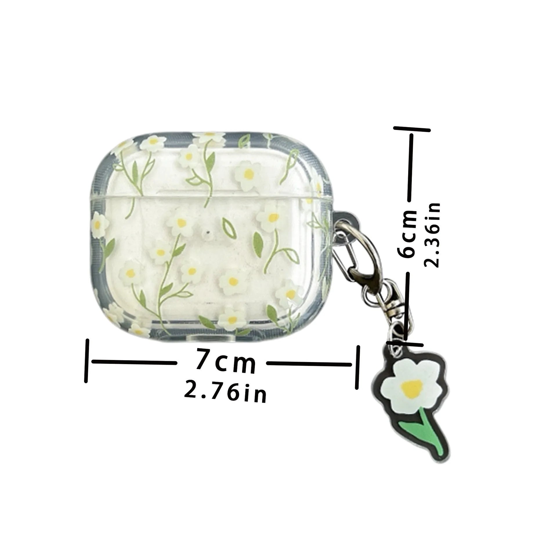White floral pattern clear TPU protective case for Apple AirPods on a charging case.