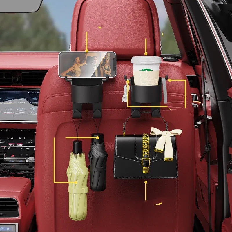 Black plastic car seat back organiser with a cup holder and a storage hook.