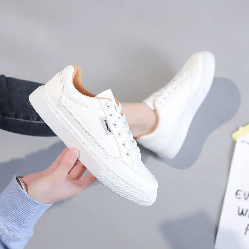 Korean style low-top women's sneakers in brown or white with artificial PU upper