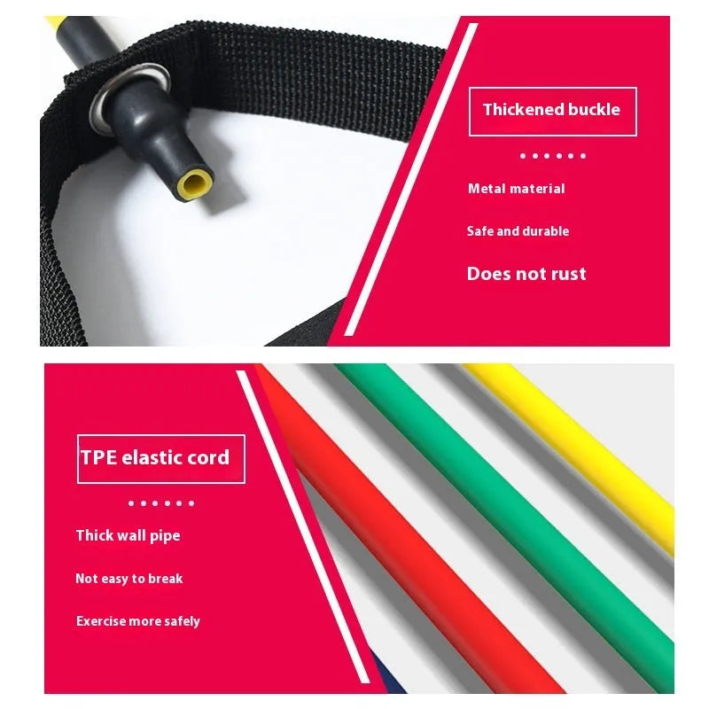 Adjustable chest expander fitness equipment with yellow, green, red, blue, and black TPE tension ropes.