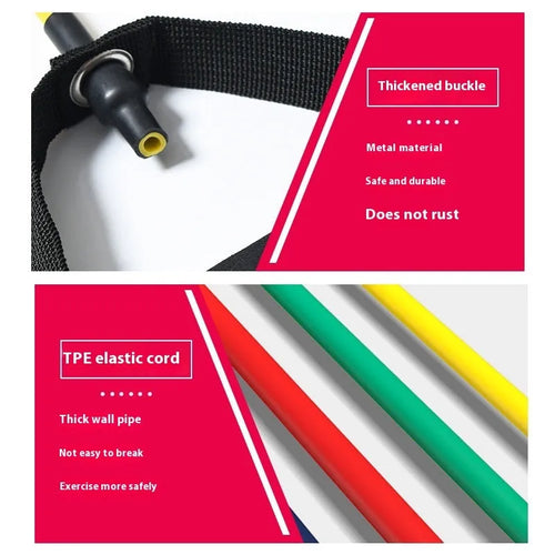 Adjustable chest expander fitness equipment with yellow, green, red, blue, and black TPE tension ropes.