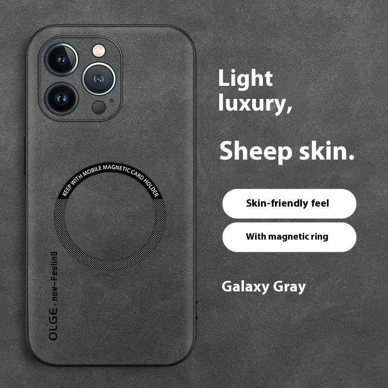 Magnetic sheepskin iPhone case in Graphite Black with built-in magnetic ring and all-inclusive drop-resistant PC shell