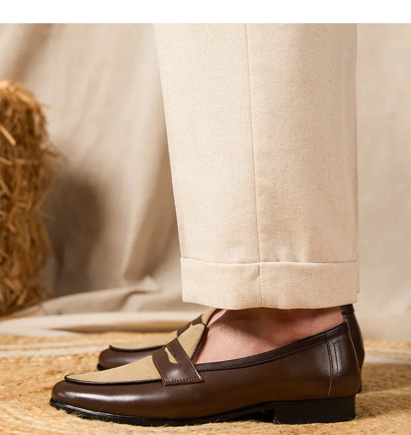 Coffee grey suede leather Belgian loafers with one-foot kick design and rubber sole