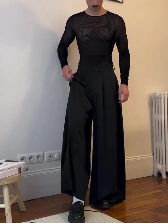 Black mesh long-sleeve top with sheer striped design, regular fit, sizes S to 3XL