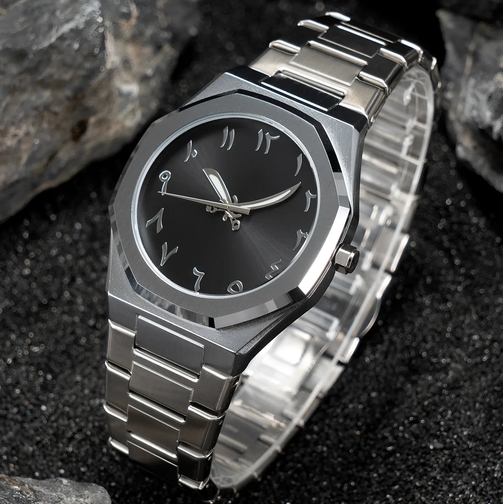 Men's steel business casual quartz watch with a 10mm case on a matching steel belt.