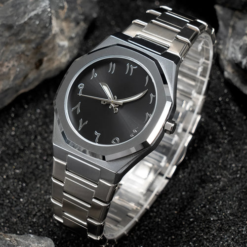Men's steel business casual quartz watch with a 10mm case on a matching steel belt.