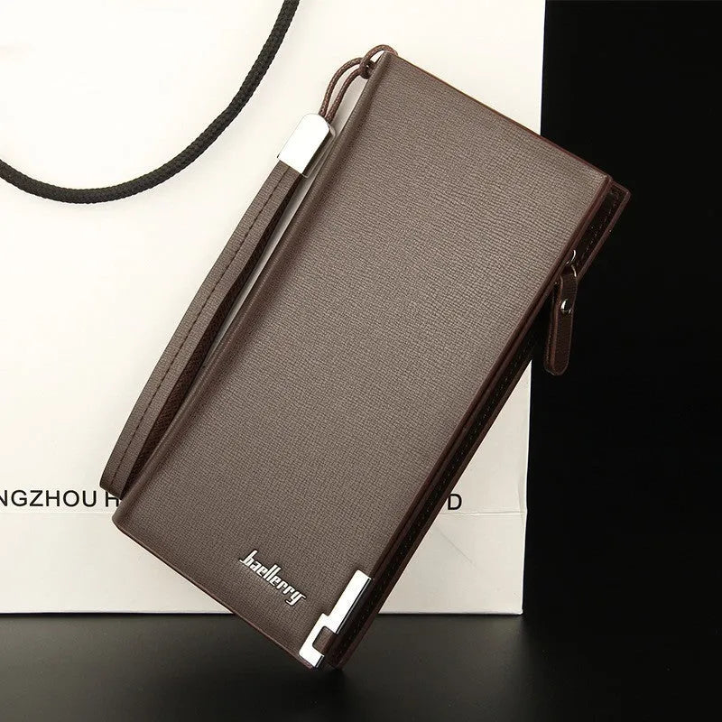 Men's long black PU leather zip wallet showing closed zipper and multifunctional design
