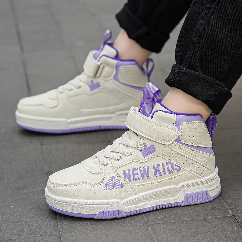 Children's street sneakers in multiple colours with PU upper and rubber sole showing lace-up buckle fastening
