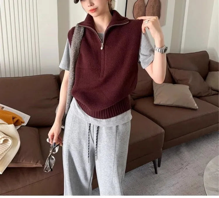 Retro half zip sleeveless knit vest in mesh polyester with Japanese Korean casual styling