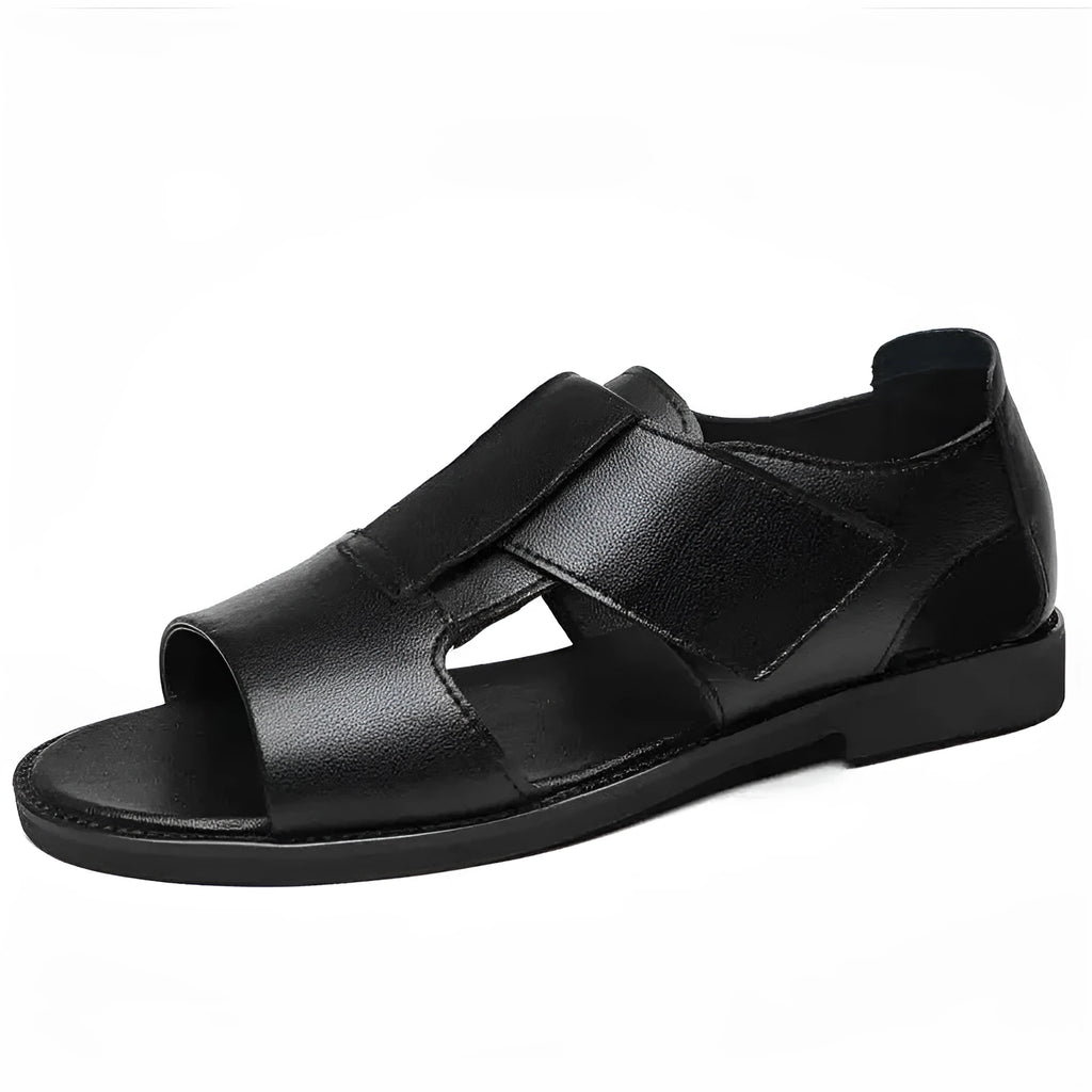 Men's black casual leather sandals with open toe design and rubber sole