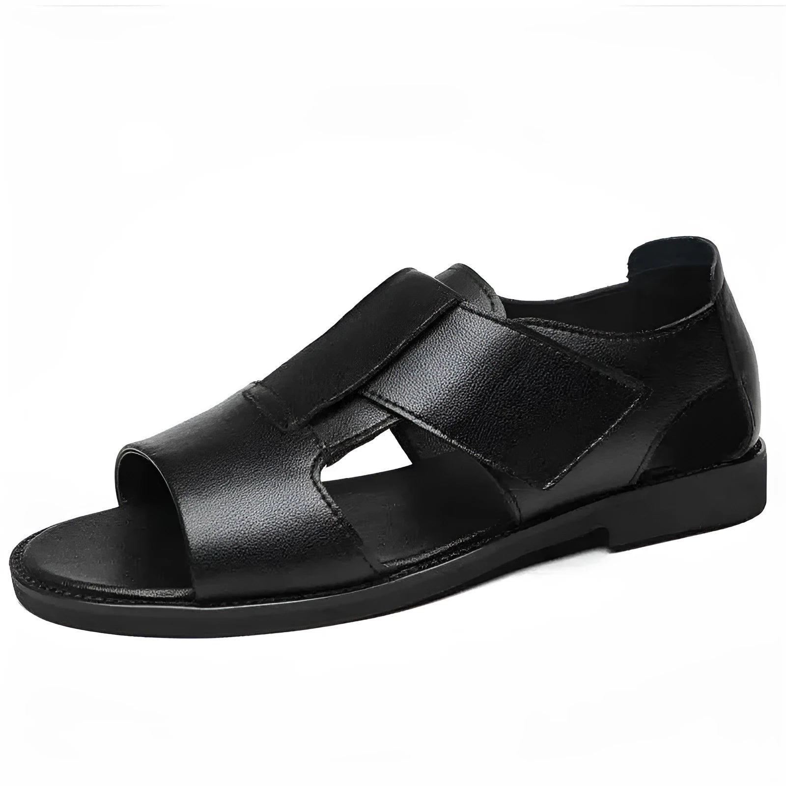 Men's black casual leather sandals with open toe design and rubber sole