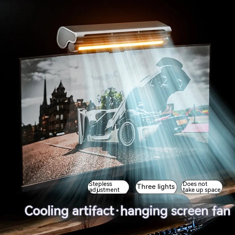 Black bladeless USB fan clipped onto a laptop screen, with an integrated lighting lamp.