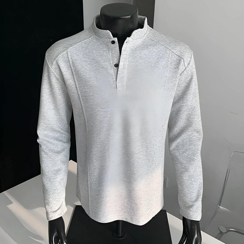 Men's loose-fit polo shirt with an asymmetric patchwork stand-up collar in heather grey
