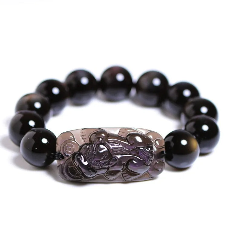 Polished crystal Pi Xiu bracelet with double-eye ice stone colouration in ethnic geometric style
