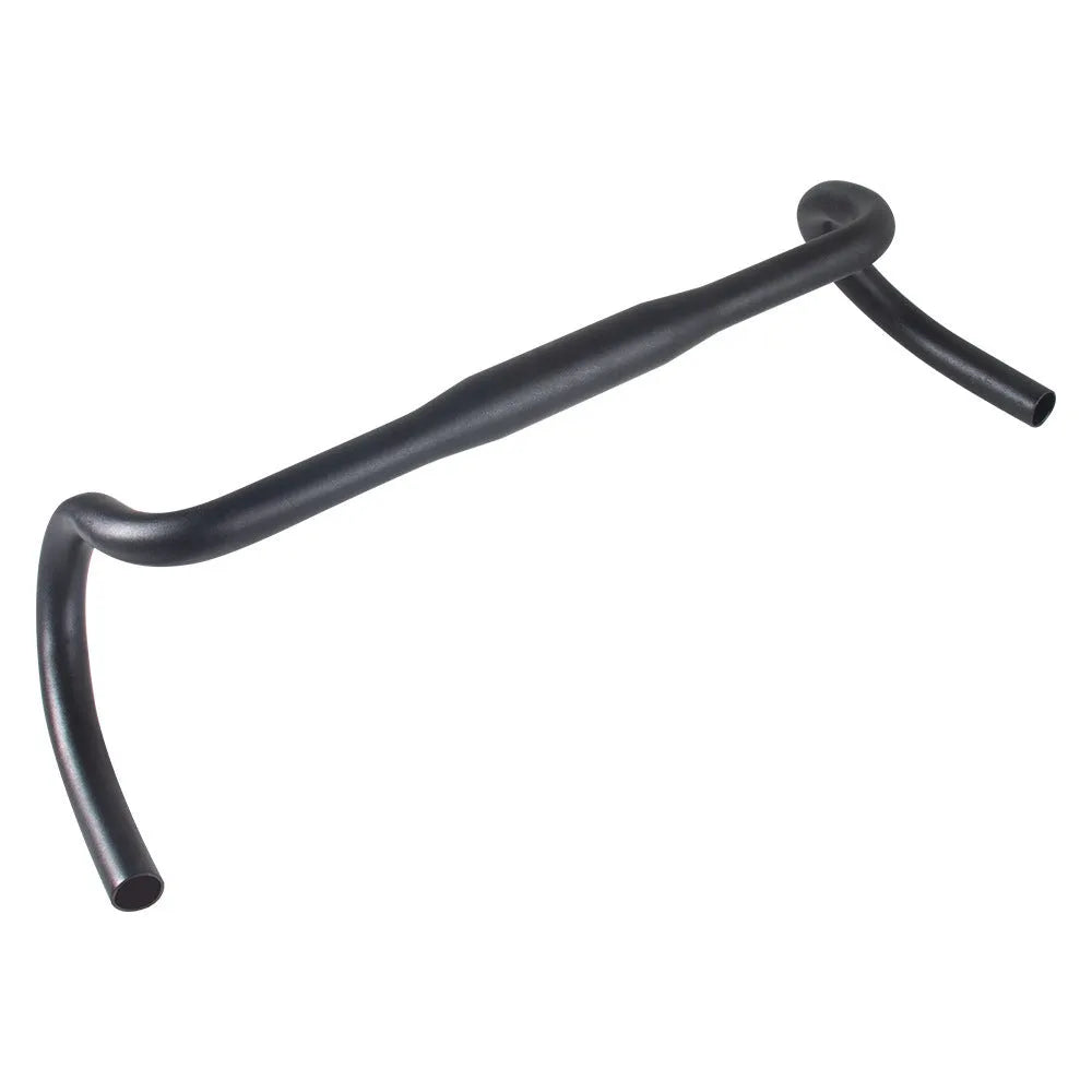 Black aluminium road bike bent handlebar showing 420mm width and 31.8mm clamp diameter