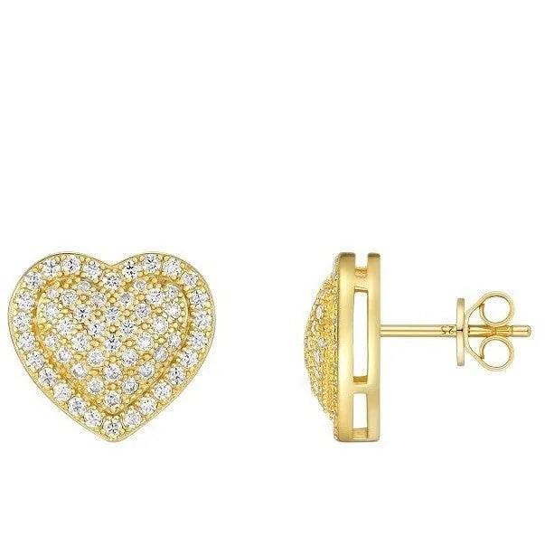 Gold tone heart-shaped stud earrings with clear moissanite stone on S925 silver base