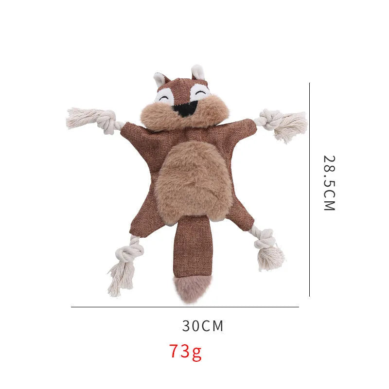 Brown fox-shaped dog toy with squeaker in head, crinkle paper body, and rope arms for chewing