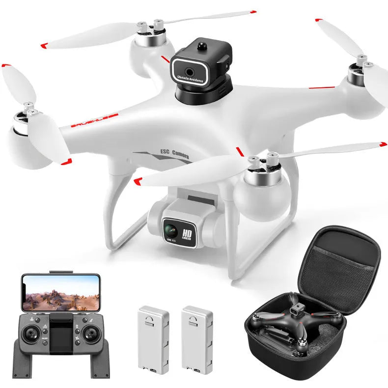 Black and white plastic brushless UAV drone with four obstacle avoidance sensors and a camera.