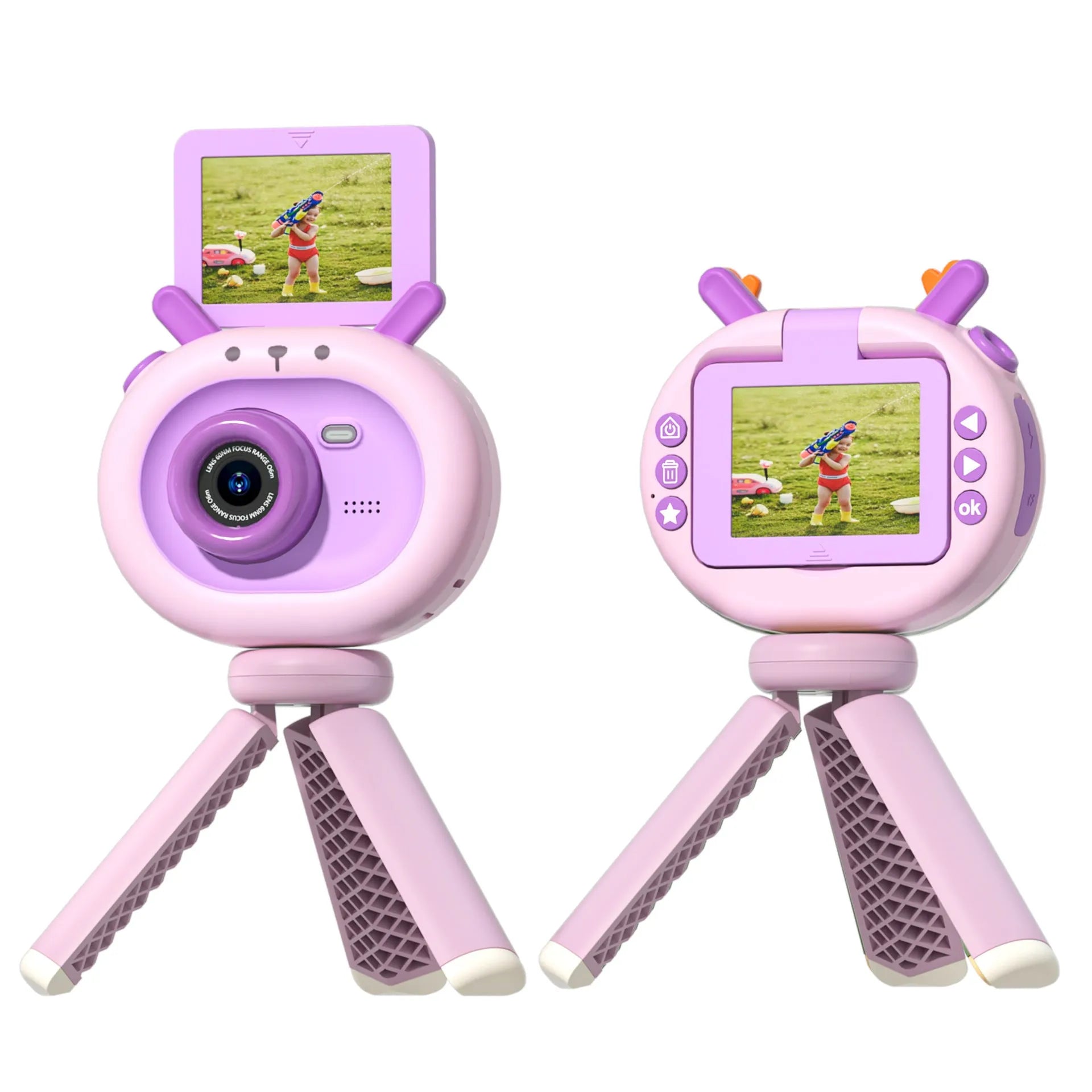 Dark green children's digital camera with flip screen, silicone case, and lanyard on a cartoon map.