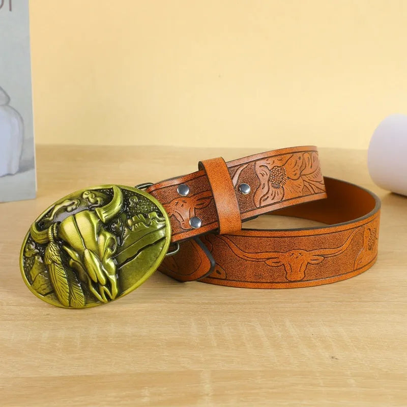 Men's brown imitation leather belt with a detailed silver alloy cow head buckle and pin buckle fastening.