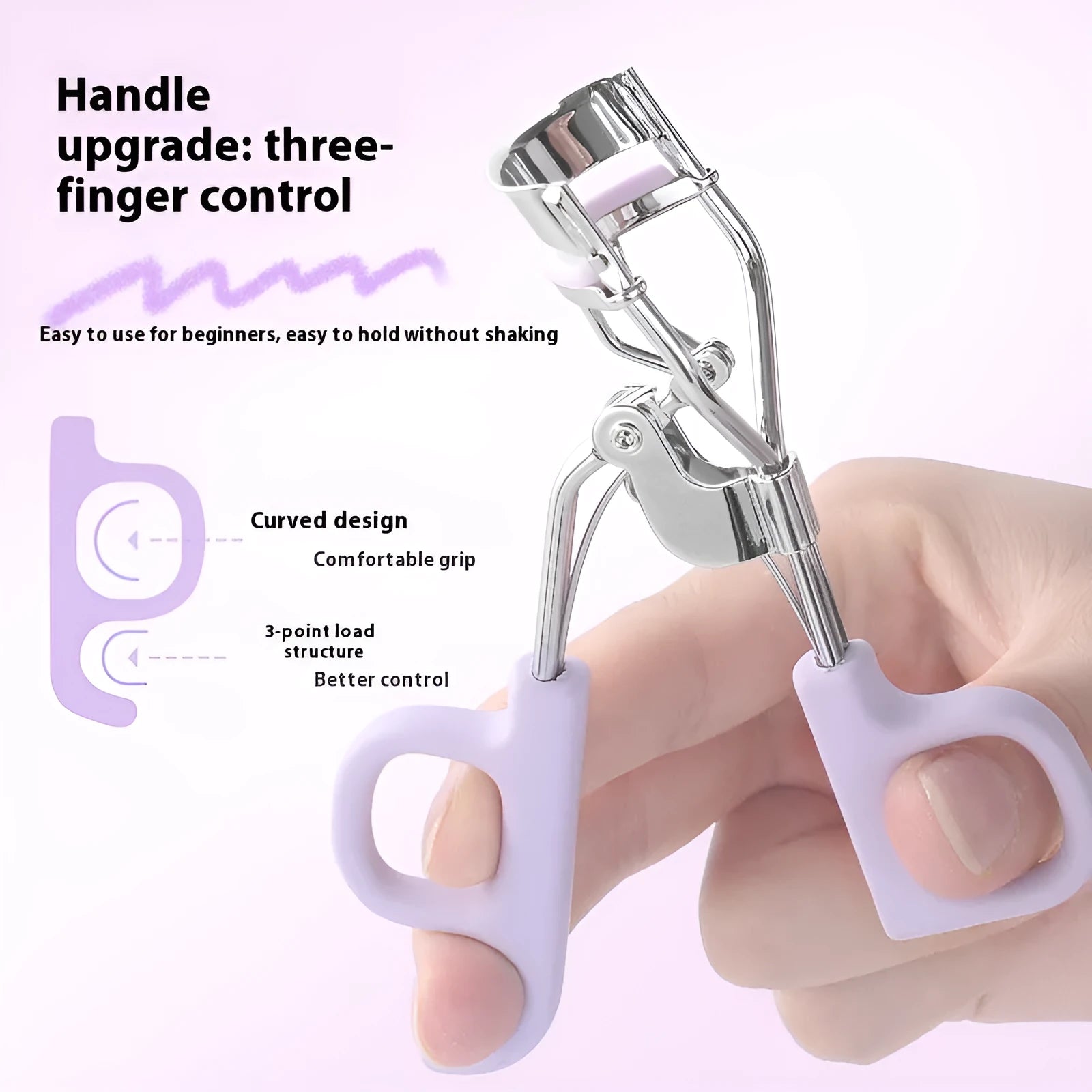 Lightweight eyelash curler with scissor handle in pink or purple colour options