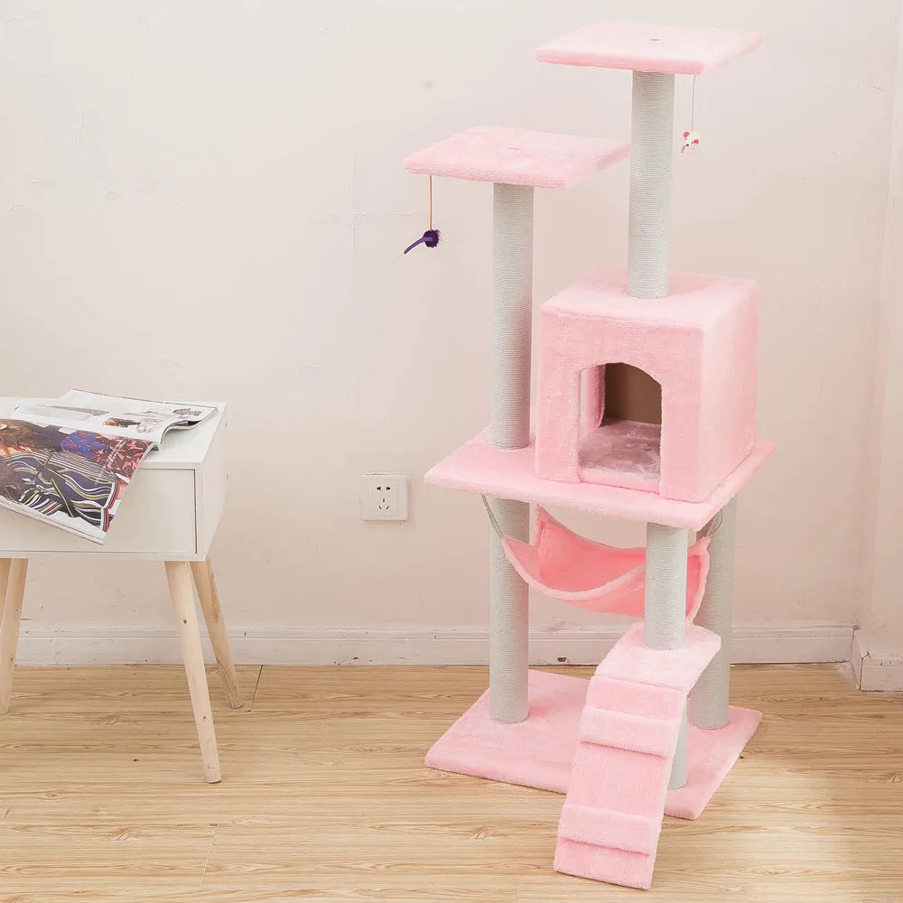 125cm cat climbing frame with soft wool cloth cover, beige colour, with nest and tray