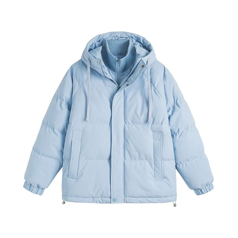Loose two-piece padded winter coat in a cardigan style with side pockets.