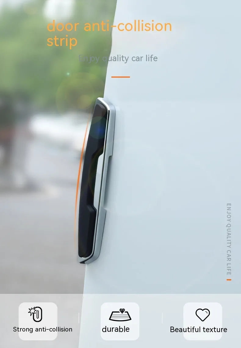 Four black plastic silicone car door bumper strips, each measuring 9.5 by 2 centimetres.
