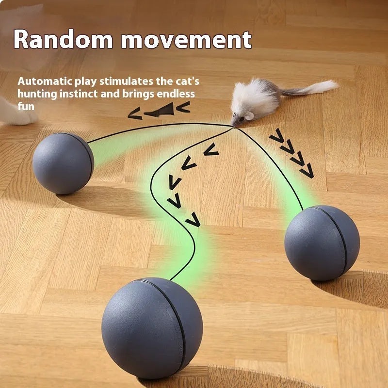 Blue orange automatic cat teasing ball with plush mouse attachment rolling on floor