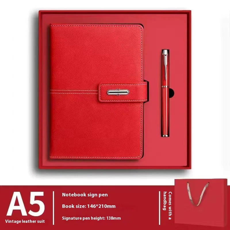 A5 notebook with PU leather cover in choice of colour, shown open on wood-free paper pages.