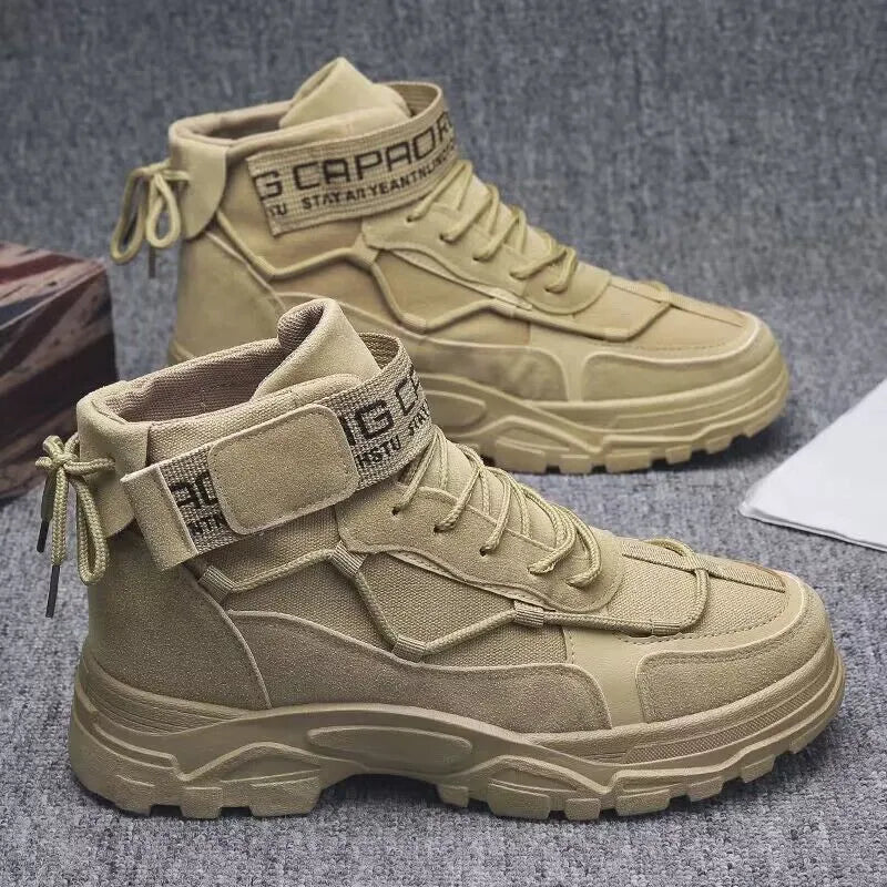 Men's high-top platform boots in khaki artificial PU leather with lace-up design and thick sole