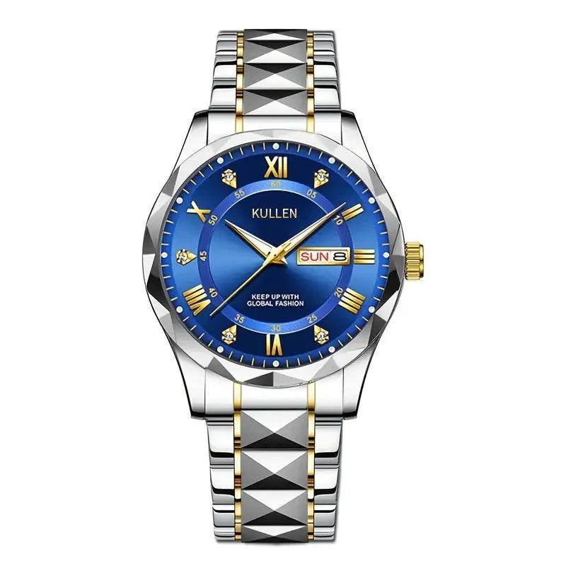 42mm round quartz watch with screw-down crown, luminous function, and single fold alloy clasp in silver and blue face