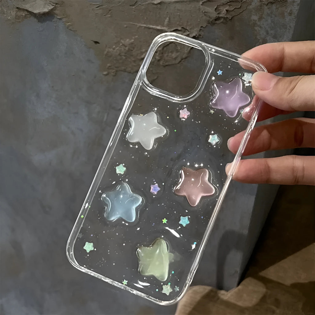 Three-dimensional five-pointed star glitter epoxy phone case for iPhone 15 Pro