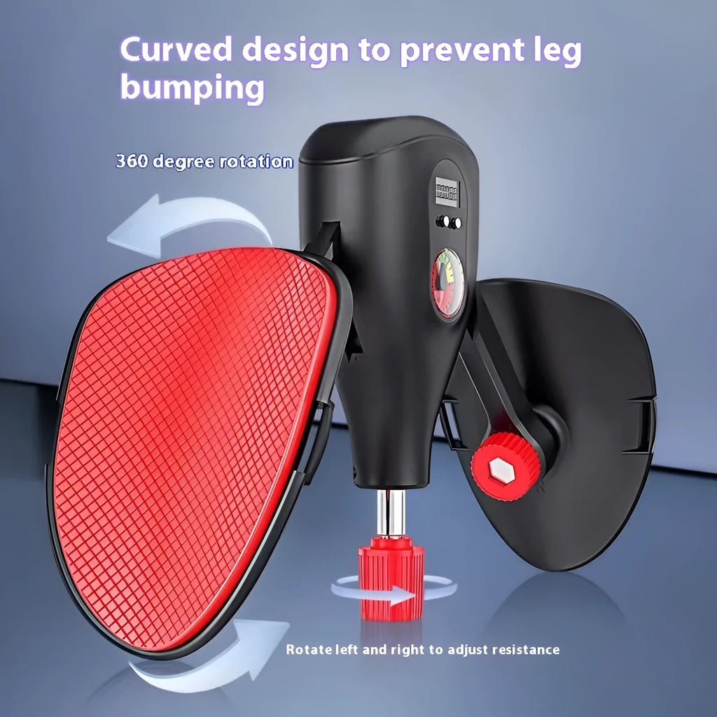 Men's black Kegel trainer for PC muscle exercise with straps and handle on a grey background.