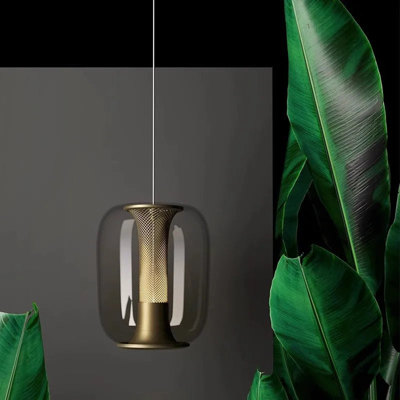 Minimalist Nordic glass chandelier pendant light in clear, cognac, or smoky grey, 16cm wide.