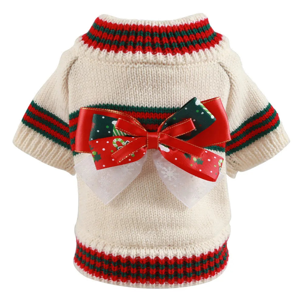 Red polyester Christmas jumper for a small dog on a white background.