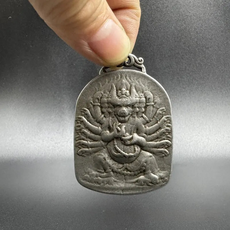 Iron Chinese geometric pendant ornament in Aryaacalanatha Yamantaka colour for wall hanging.