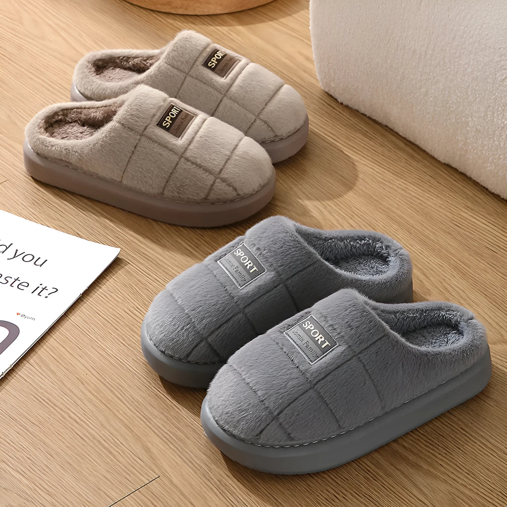 Men's grey and brown plaid winter slippers with a thick sole and rabbit hair trim.
