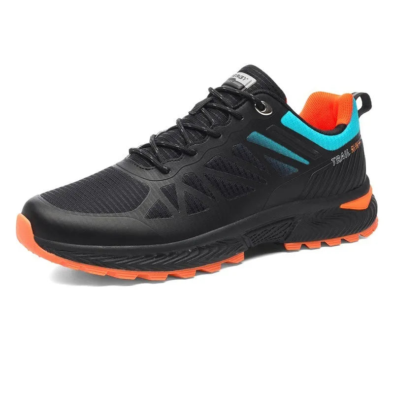 Men's black breathable mesh running shoe with lace-up front and round toe, shown on a white background.