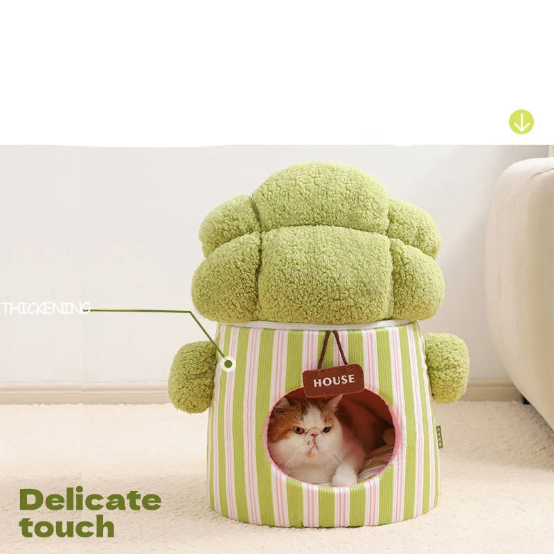 Green cauliflower tree hole design enclosed pet bed for cats and small dogs