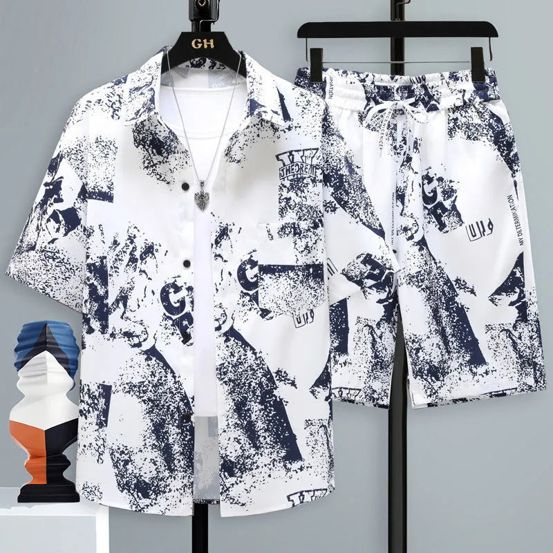 Men's casual sports shorts two-piece set in polyester, showing short sleeve top and matching shorts.