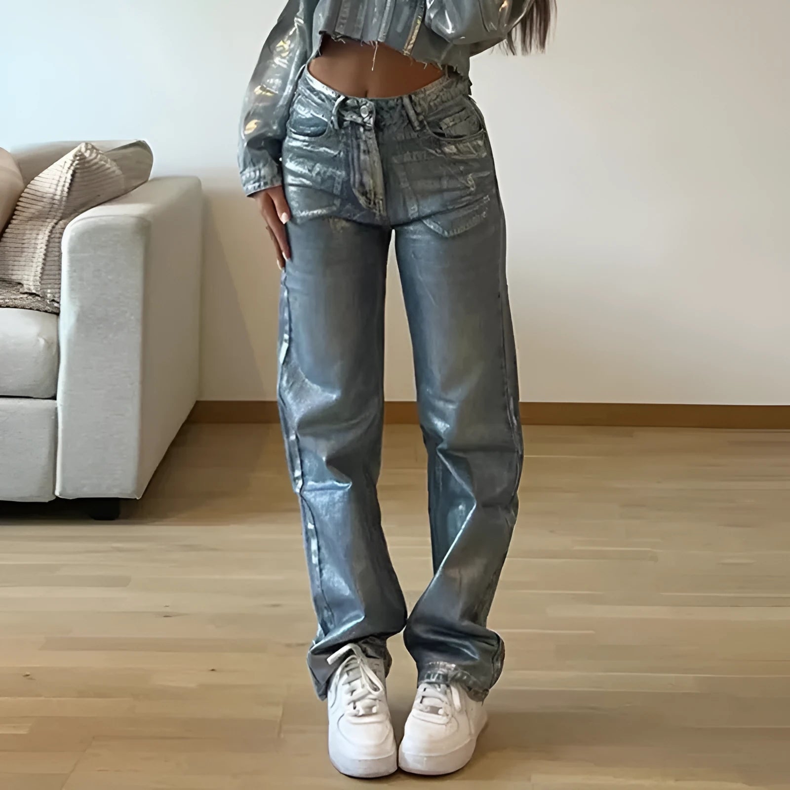 Women's high waist straight leg jeans in washed blue denim with hot silver contrast colour street hipster styling