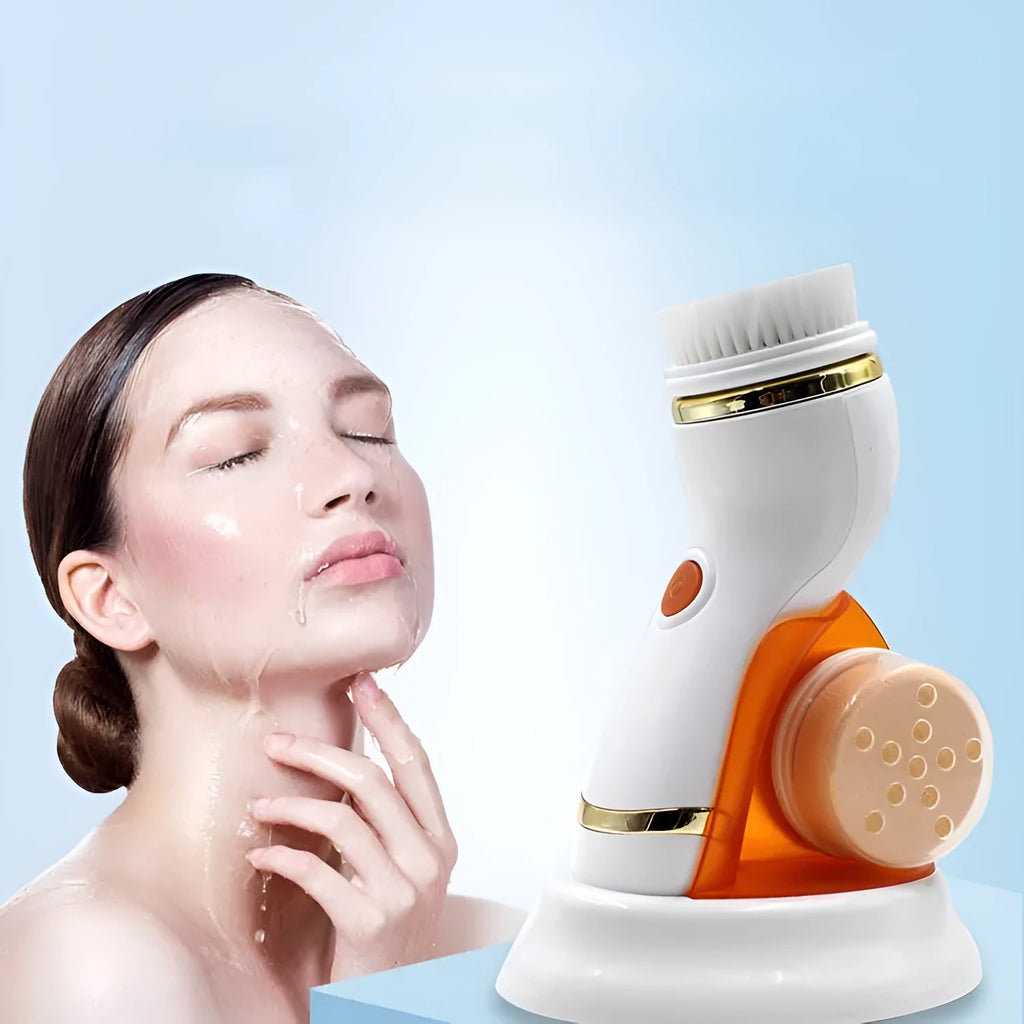 Ultrasonic electric pore cleaner in blue and orange with three brush heads and two gear speed settings for blackhead removal