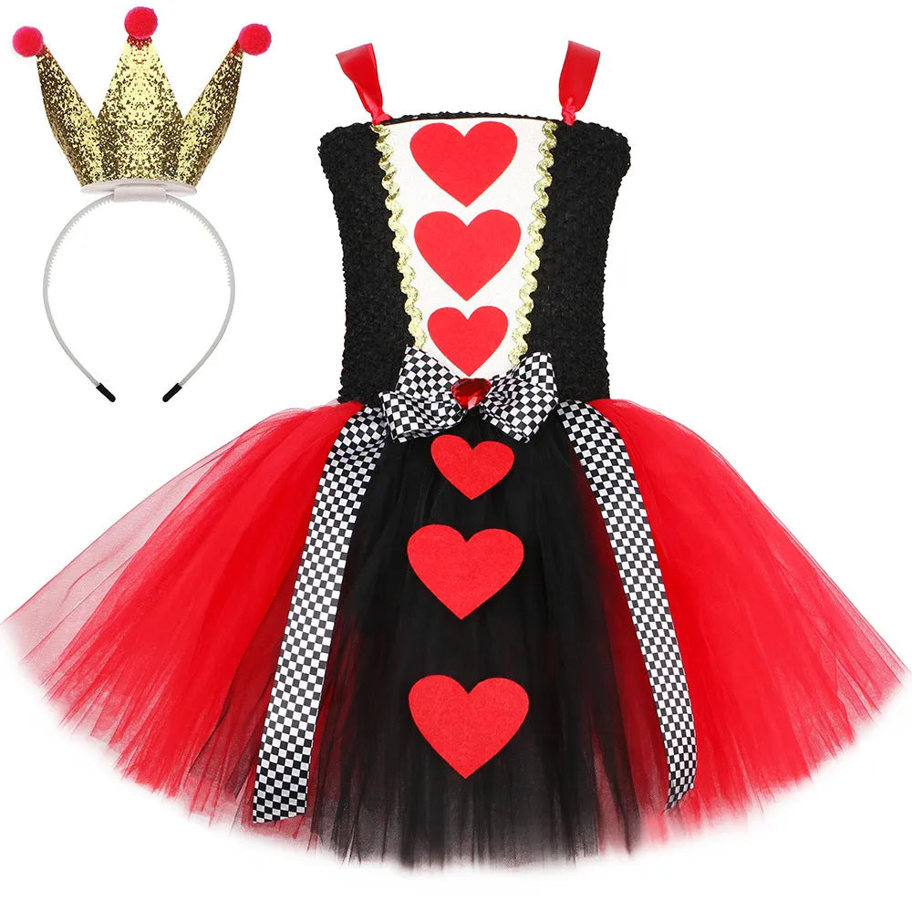 Children's mesh peach heart queen princess dress with non-slip headband in plaid pattern